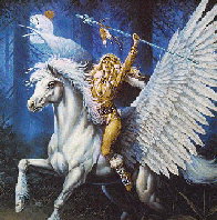 Jennie riding the winged horse Pegasus