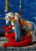 Wizard lassoing an Unicorn